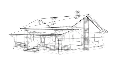 Architectural Wireframe Drawing of Modern Residential House Design Perspectiv 스톡 일러스트