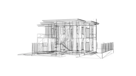 Architectural Wireframe of Modern Home Design in Black and White Lines Illu.. Stock Footage 344716375