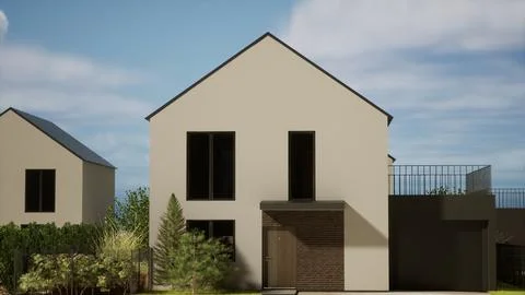 Architecture 3d rendering illustration of modern minimal house in cottage Ilustración de archivo