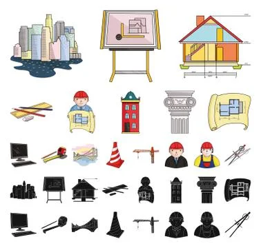 Architecture and construction cartoon, black icons in set collection for design Stock Illustration