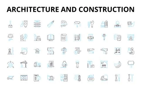 Architecture and construction linear icons set. Blueprint, Foundation, Modern Ilustración de archivo