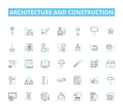 Architecture and construction linear icons set. Blueprint, Foundation, Modern Ilustración de archivo