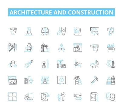 Architecture and construction linear icons set. Blueprint, Foundation, Modern Ilustración de archivo