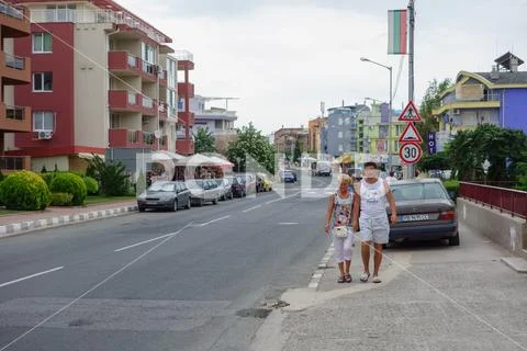 Architecture and people of New Nessebar Stock Photos