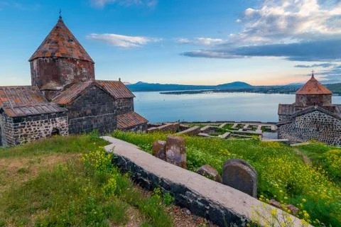 Architecture of Armenian temples View of Sevanavank Monastery and Lake Sevan  스톡 사진