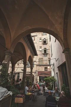 Architecture of Bergamo historical center, tradtitional Italian house upper t Stock Photos