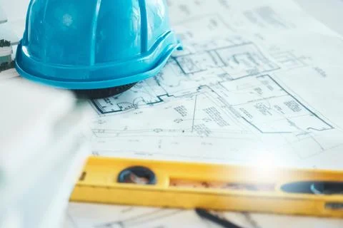 Architecture, blueprint and plan, construction and helmet, engineering design Stock Photos