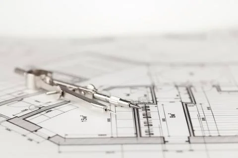 Architecture blueprint -  house plan &amp; compass Stock Photos