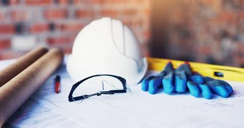 Architecture, blueprint or glasses with tools on table for project developm.. Stock Photos