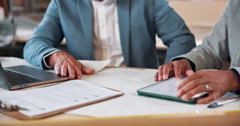 Architecture, blueprint or hands in office with tablet, floor plan or feedback Stock Footage 338050961