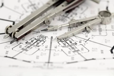 Architecture blueprint &amp; tools Stock Photos