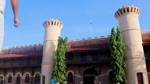 Architecture of british era cellular jail with tall towers and landmark sign Stock Footage 319512313