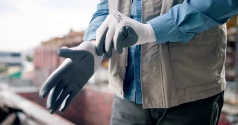 Architecture, builder and hands with gloves, construction and protection for Vídeos de archivo 337151413