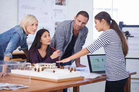 Architecture, building and model with developer team in office together for 스톡 사진