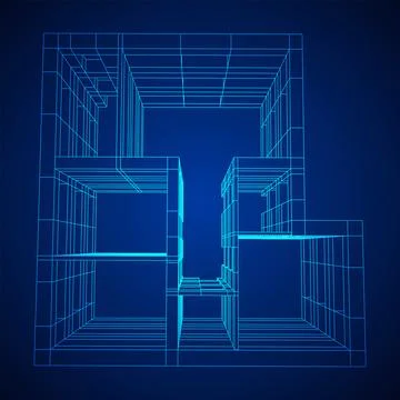 Architecture building. Modern house plan. Wireframe low poly mesh. Ilustración de archivo