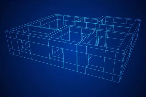 Architecture building. Modern house plan. Wireframe low poly mesh. Ilustración de archivo