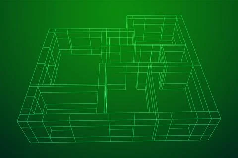 Architecture building. Modern house plan. Wireframe low poly mesh. Ilustración de archivo