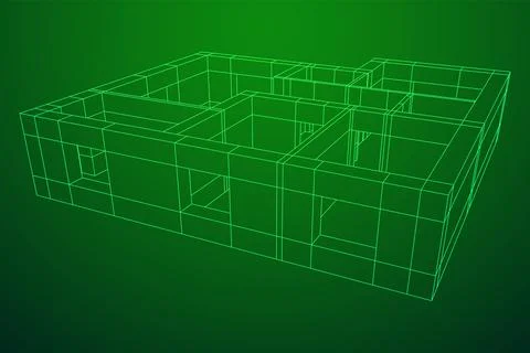 Architecture building. Modern house plan. Wireframe low poly mesh. Ilustración de archivo