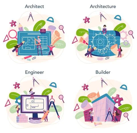 Architecture concept set. Idea of building project and construction Ilustración de archivo