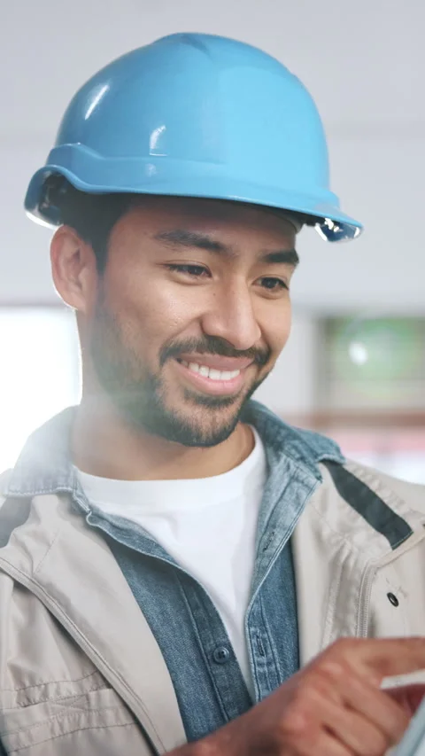 Architecture, construction and tablet with happy man on building site for Stock Footage 342313370