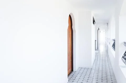 Architecture corridor , interior classic white hotel ,walk way buildings at d Fotos de archivo