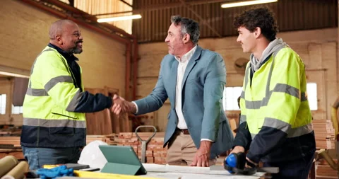 Architecture, deal or men in workshop with handshake, meeting or negotiation Stock Footage 337986614