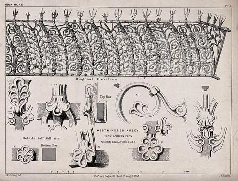 Architecture: decorative ironwork. Lithograph by J. R. Jobbins, 1852, after.. Stock Illustration