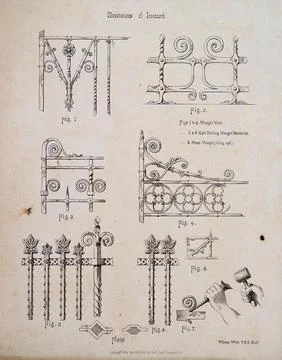 Architecture: decorative ironwork. Lithograph by Kell Bros., after W. White. Stock Illustration