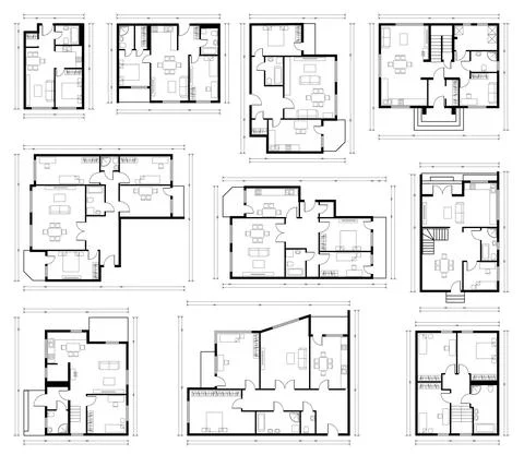 Architecture design, blueprint plan. Set of different black and white house Stock Illustration
