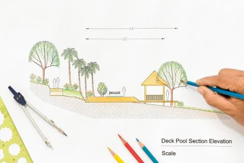 Architecture design Deck pool section elevation for luxury home. 스톡 사진