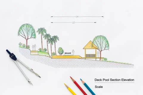 Architecture design Deck pool section elevation for luxury home. 스톡 사진