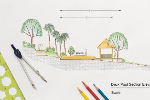 Architecture design Deck pool section elevation for luxury home. Stock Photos