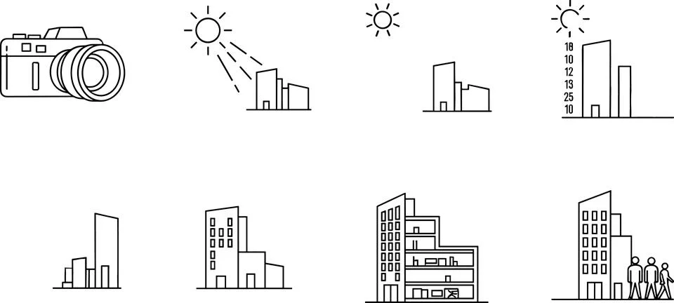 Architecture Development and Building Construction Process Icons Set, Flat .. Ilustración de archivo