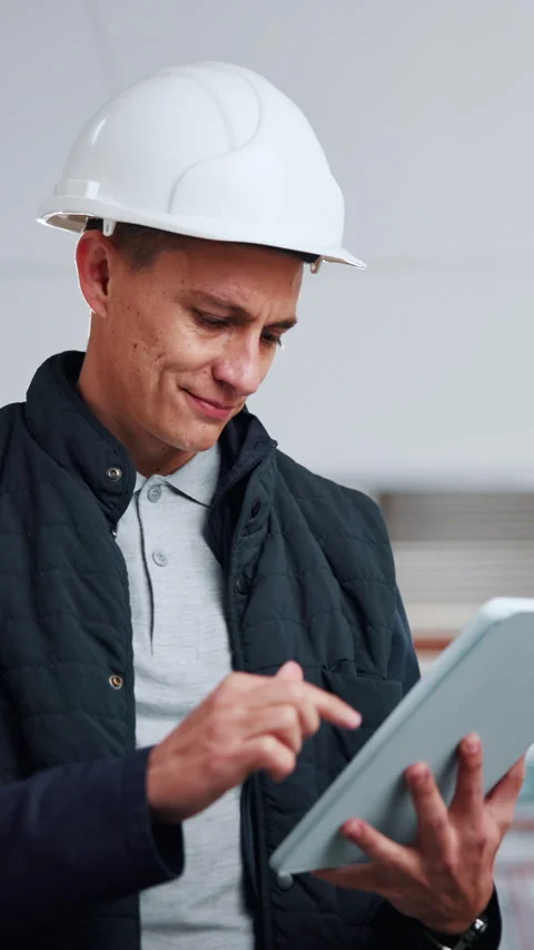 Architecture, development and tablet with happy man on building site for project Stock Footage 342311341