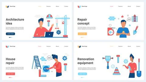 Architecture development, construction technology set, people with renovation Stock Illustration