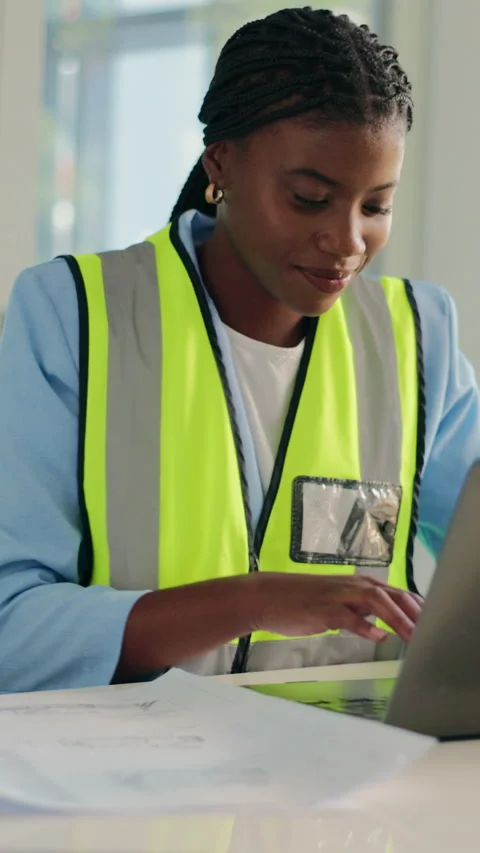 Architecture, documents and black woman on laptop for construction, floor plan Stock Footage 333338342