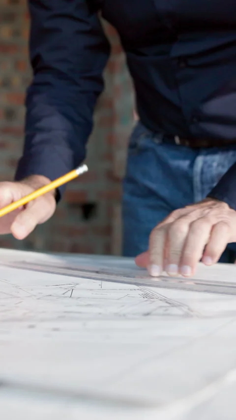 Architecture, drawing and hands of man with blueprint, design and layout for Stock Footage 337535434