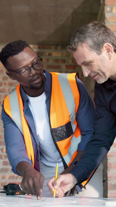Architecture, drawing and men with blueprint, discussion and layout for building Stock Footage 337534653