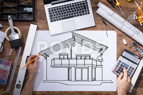 Architecture Drawing Sketch Of House On Placard Stock Photos