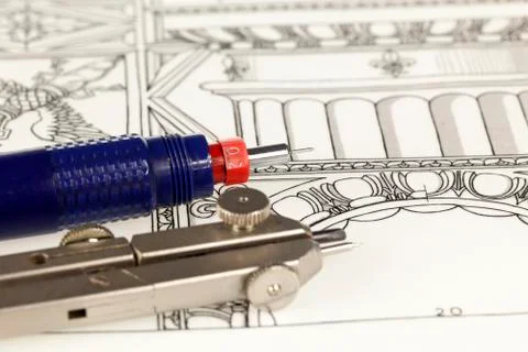 Architecture drawings, compass &amp; rapidograph Stock Photos