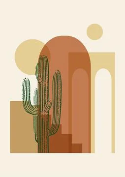 Architecture elements and cactus poster illustration. Modern aesthetic art 스톡 일러스트