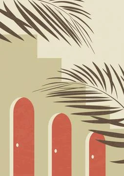 Architecture elements and palm leaves poster illustration. Stock Illustration