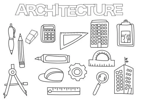 Architecture elements hand drawn set. Coloring book template.  Outline doodle Stock Illustration