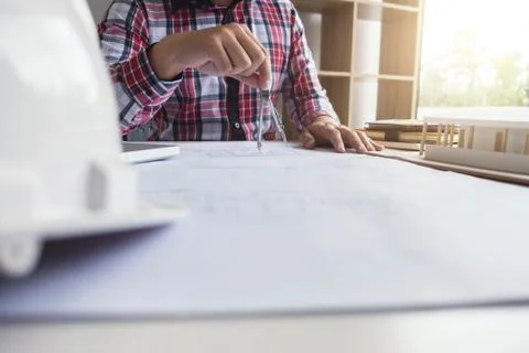 Architecture Engineer Drawing and working for architectural project and engin Stock Photos