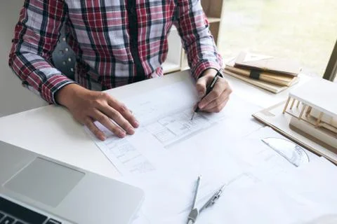 Architecture Engineer Drawing and working for architectural project and engin Stock Photos