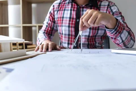 Architecture Engineer Drawing and working for architectural project and engin Stock Photos