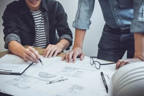 Architecture Engineer Teamwork Meeting, Drawing and working for architectural Stock Photos