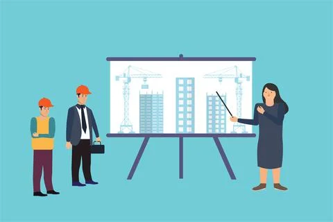 Architecture explaining work process to handyman workers vector. Male and fem Stock Illustration