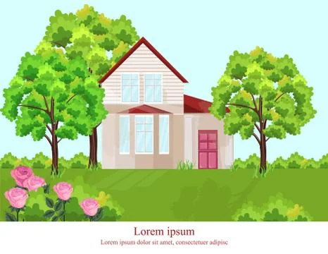 Architecture facade house Vector. Nature beautiful green yard backgrounds Stock Illustration