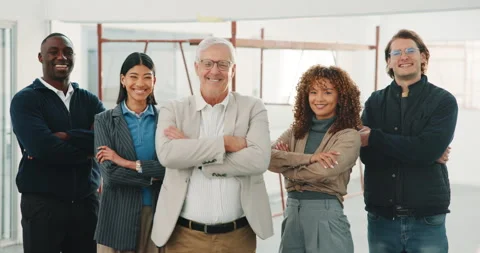 Architecture, face and team on site with arms crossed, design group and about us Stock Footage 341461063